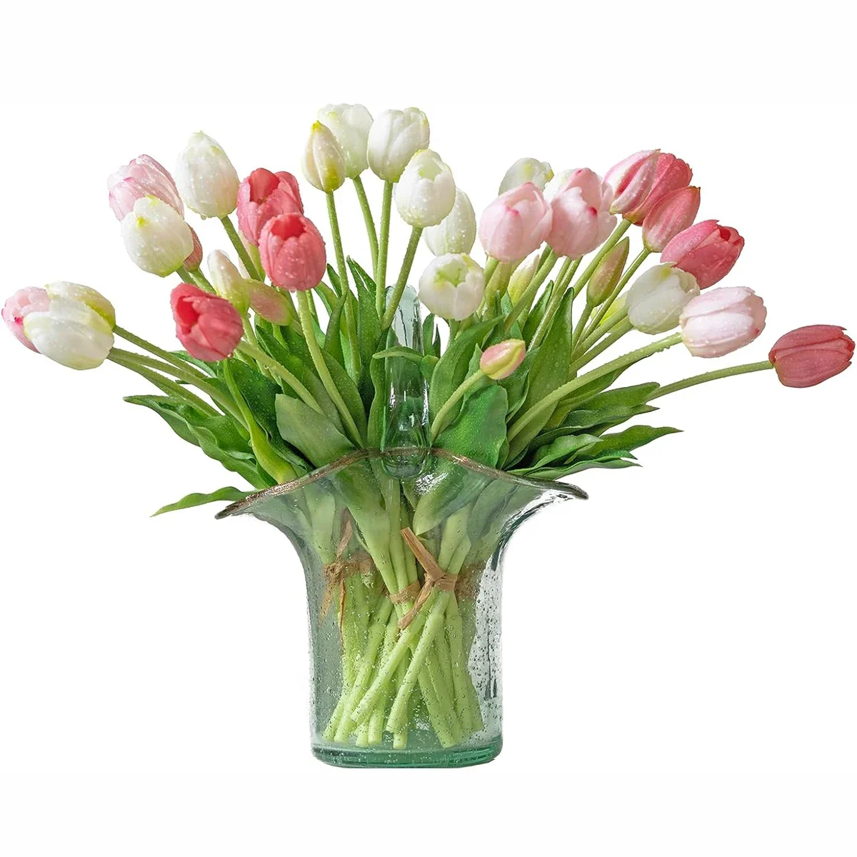 YeeNanee 15pcs Real Touch Artificial Tulip Flowers Pink White Latex Tulip Bouquets for Office Wedding Party Home Room Decoration