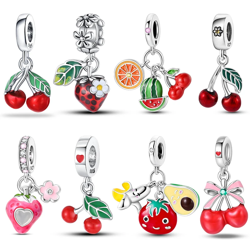 925 Sterling Silver Strawberry Cherry Apple Avocado Fruit Charms Pendants Fit Pandora 925 Original Bracelet DIY Birthday Jewelry