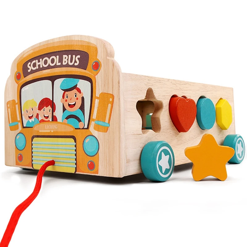 Kids Wooden Drag Car Toys Geometric Shape Building Blocks Matching Toys Assembly School Bus Early Education Puzzle Toys