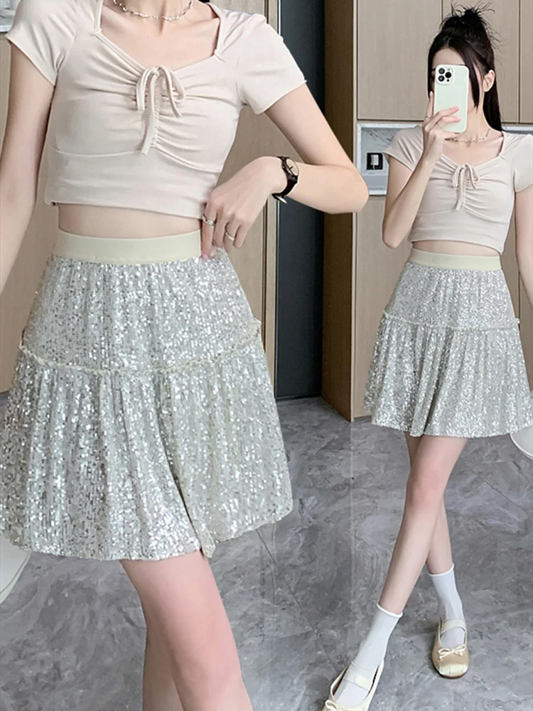 2024 Spring New Blingbling Sequins Pleated Mini Skirts Fashion High Waisted Spicy Girl A-line Y2k Skirt Mujer Faldas