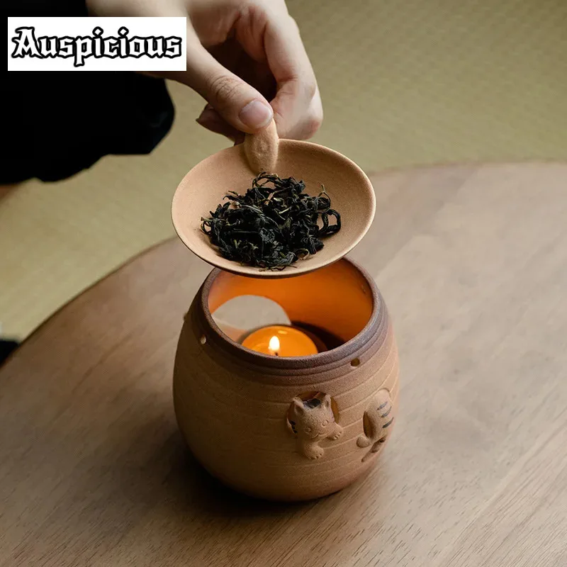 Cute Cat Coarse Pottery Roasted Tea Stove Candle Wake Up Tea Fire Stove Flavoring Tea Leaf Rack Household Candle Heating Furnace