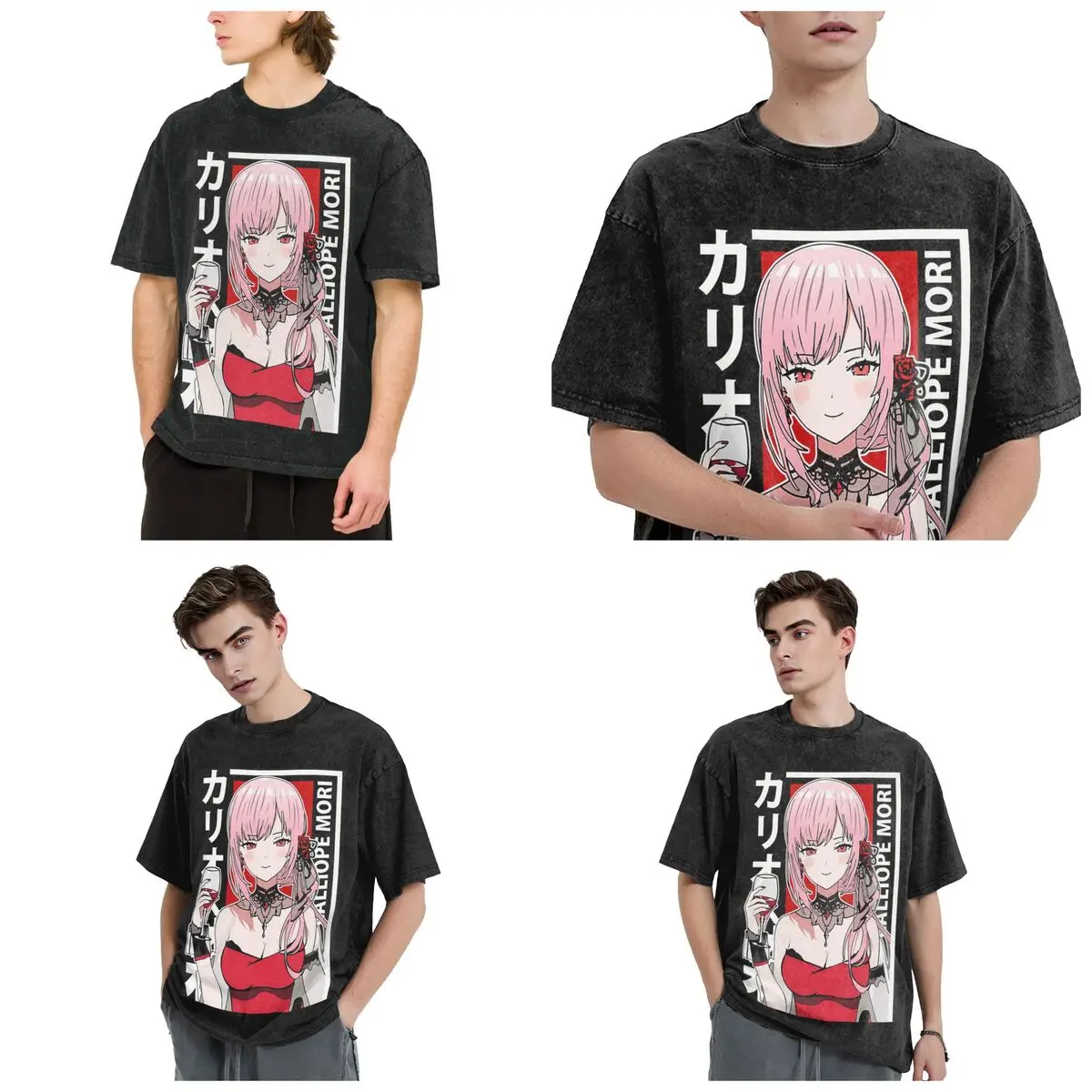 Streetwear T-Shirts Calliope Mori Red Dress Hololive En Washed T Shirt Short Sleeve Hip Hop T-Shirt Tops Tees for Men Women