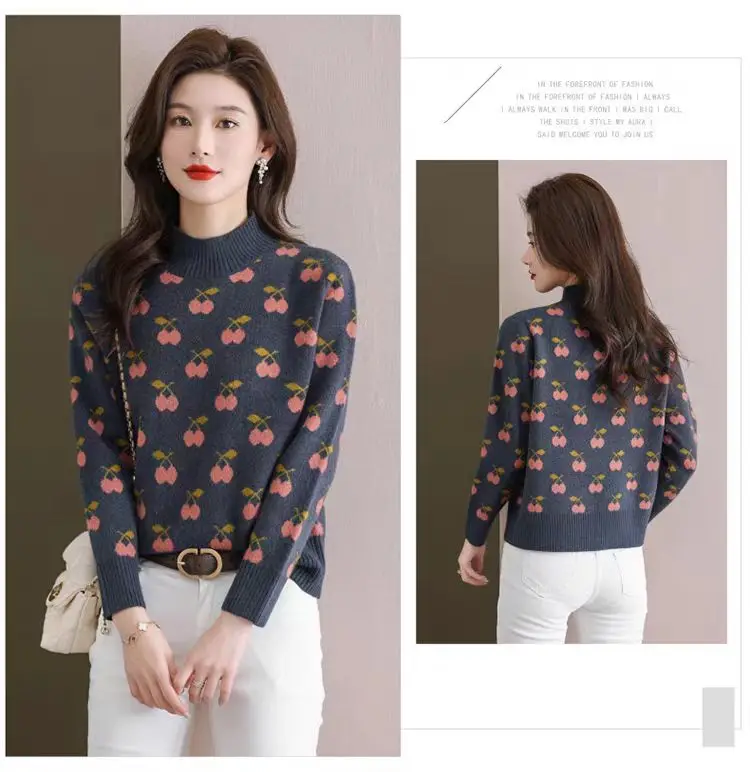 Dessin animé doux à manches longues femme vêtements nouveau pull chemise demi col roulé chaud femmes pull mince dames haut en tricot