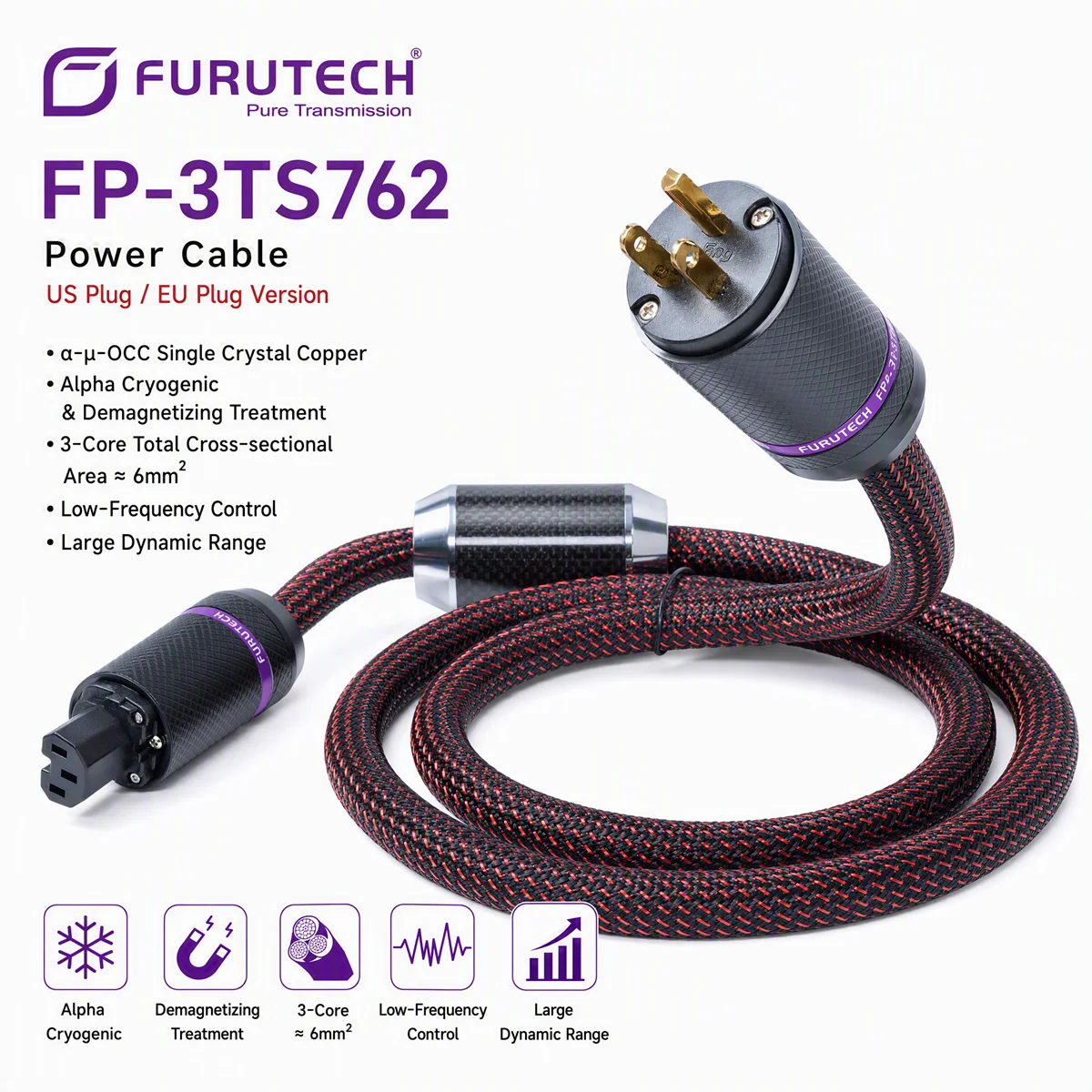 Furutech FP-3TS762 Alpha OCC HiFi Power Cable, US EU Plug Audio Power Cord for Amplifier High Current Audiophile Power Line