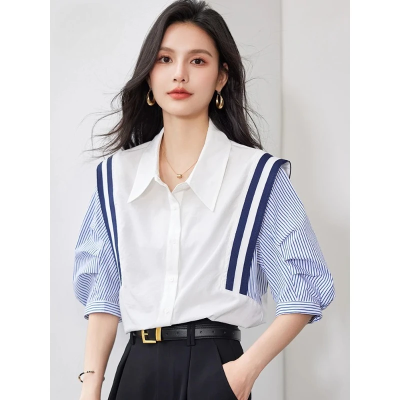 

H Han Queen New Summer Korean Women Colorblocking Stripes Vintage Tops Chiffon Short Sleeve Casual Office Shirts Elegant Blouse