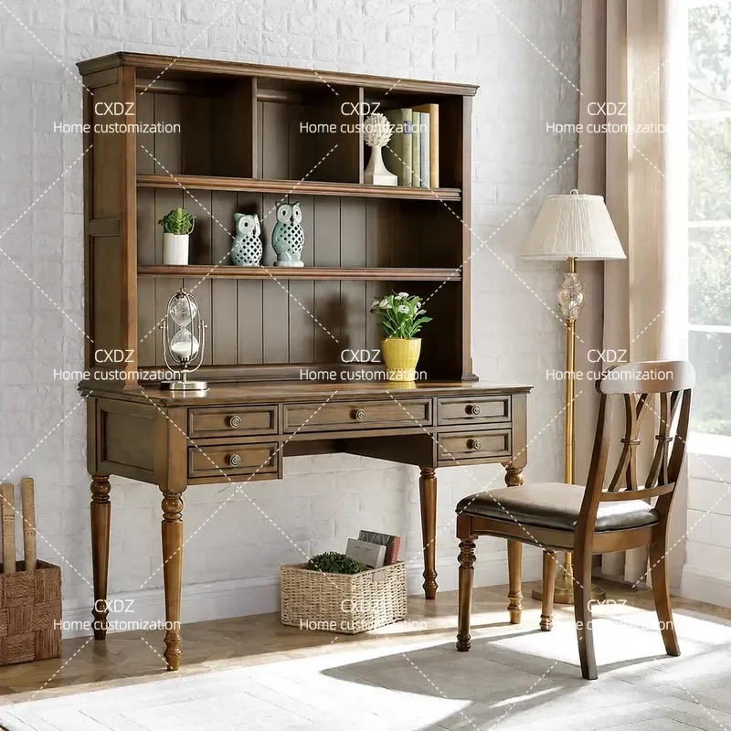 Solid Wood Desk with Bookshelf Integrated Study Table Computer Workstation for Student Bedroom Home Office Storage