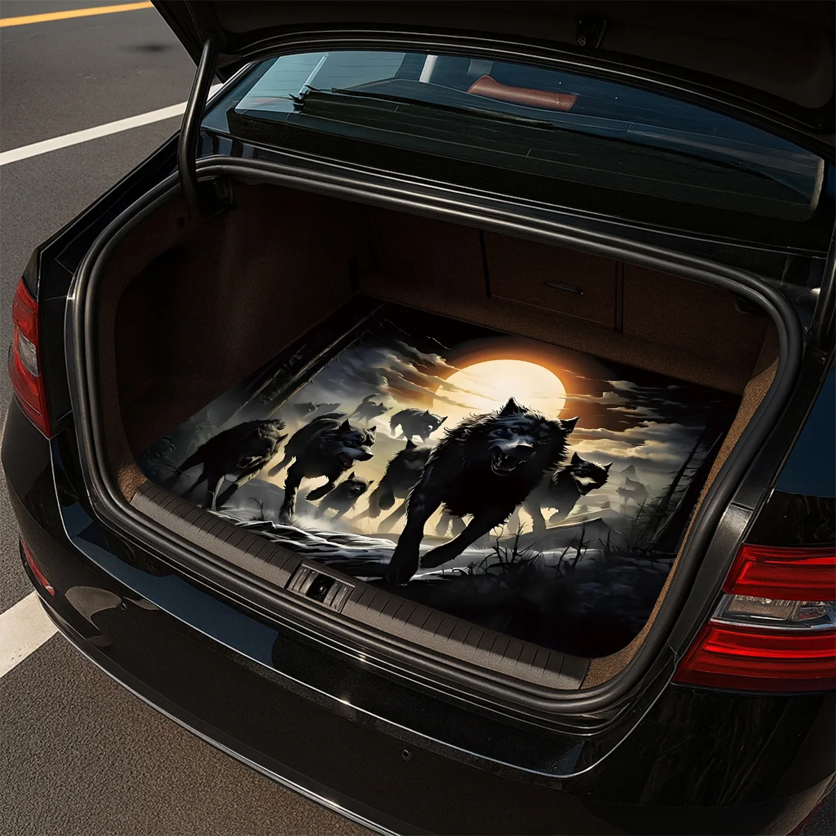 1pc Fashionable Non-Slip Car Trunk Mat | Wolf Pack Moonlight Design, Durable Polyester, Keeps Trunk Dry And Clean, Adds Powerful