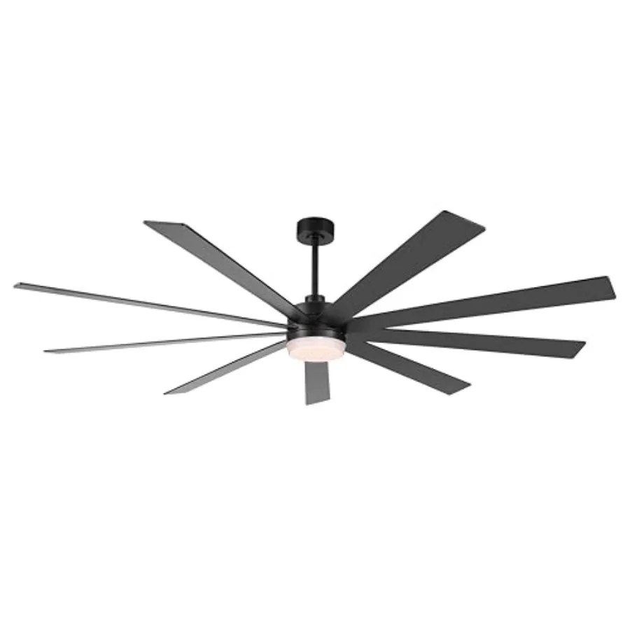 Ceiling fan with light for home or commercial use, 9-plywood blades in black, 84-inch diameter, 6-speed remote, reversible DC m