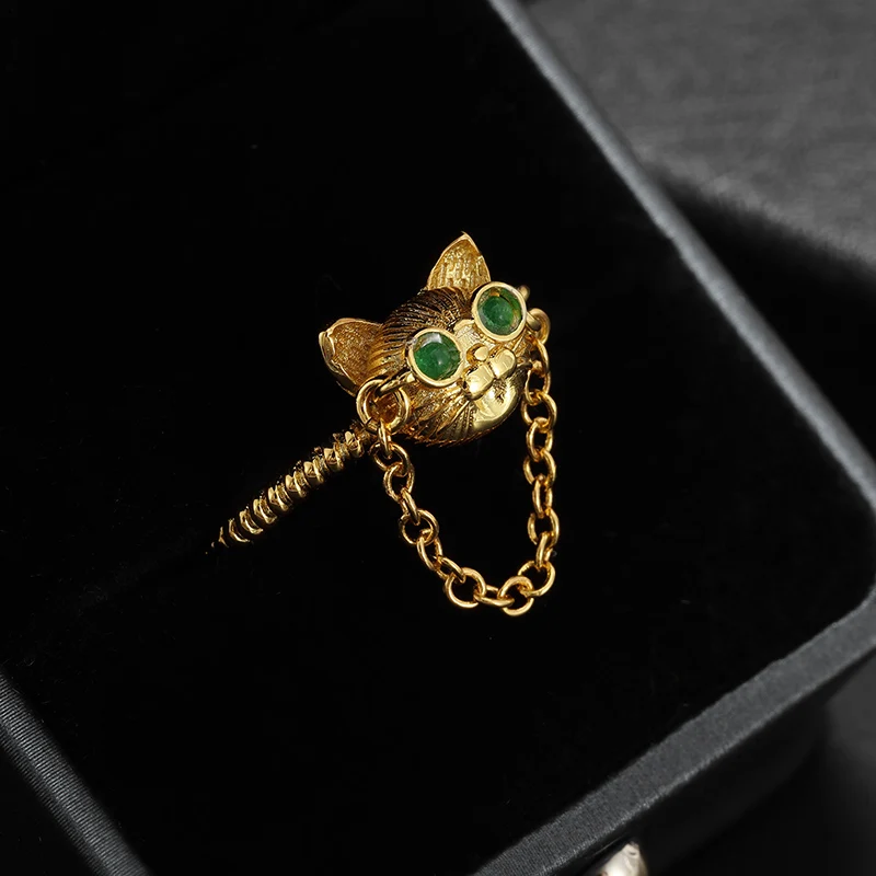 Gold Color Cute Cat Head Chain with Glasses Ring Green Zircon Animal Dog Adjustable Ring Men and Women Hip Hop Trendy Jewelry