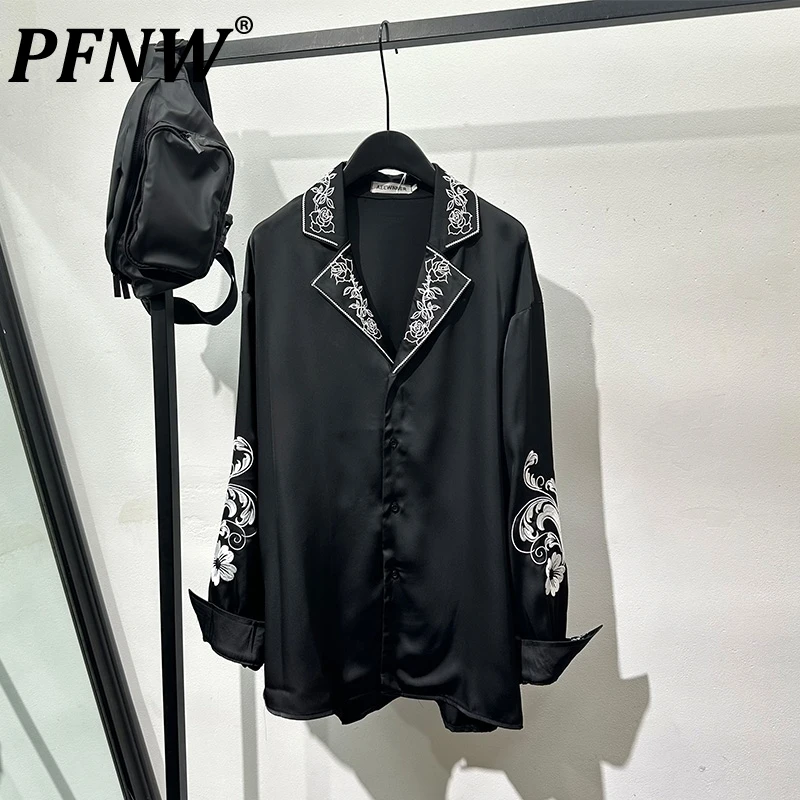 

PFNW Autumn Design Trendy Menswear Embroidered Flower Long Sleeve Shirt Loose Causal Black Single Breasted Oversized Top 12C1770