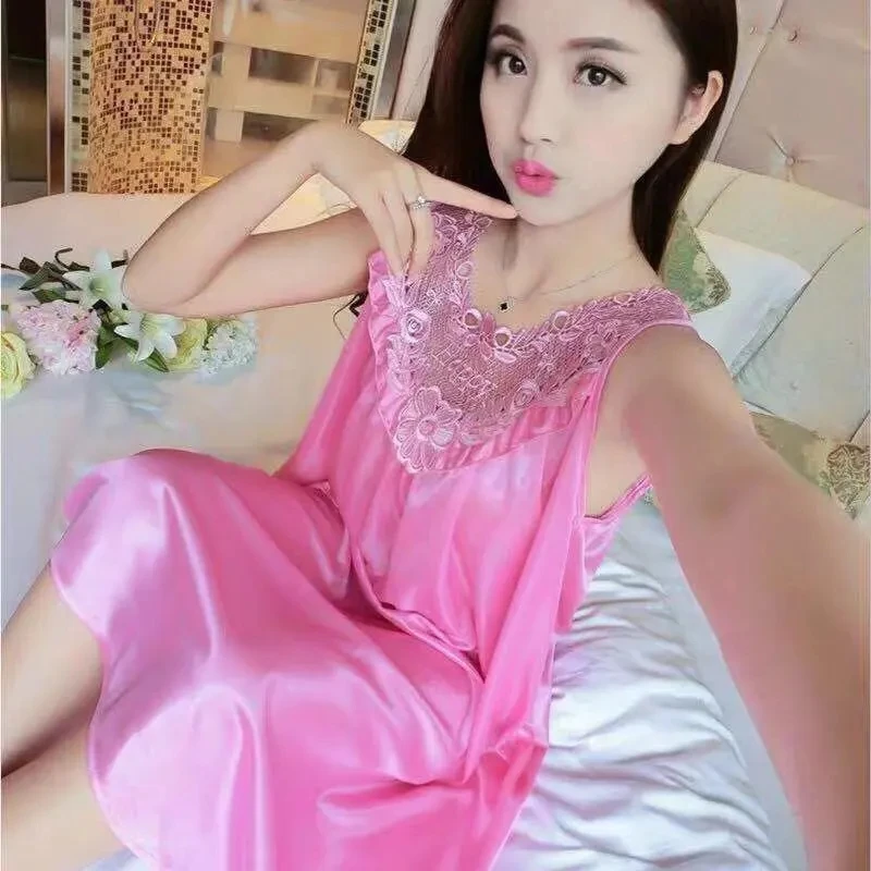 Women\'s Sleep Lounge Summer pajamas Women\'s Sexy Lace Skirt Imitation Silk Thin Middle Skirt Loose Korean Nightgowns Sleepshirts