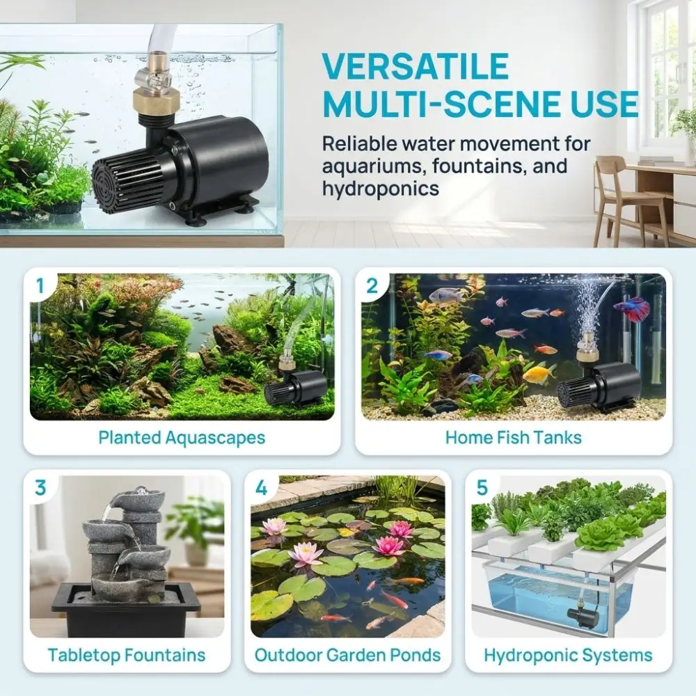Durable Black Submersible Water Pump Low Noise High Performance Fountain Pump Adjustable Flow Stable Install Aquarium Pump