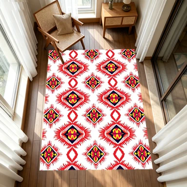 Bright Red Yellow Diamond Ethnic Pattern Carpet Flooring, Boho Aztec Non-Slip Area Rug for Living Room Bedroom Home Decor