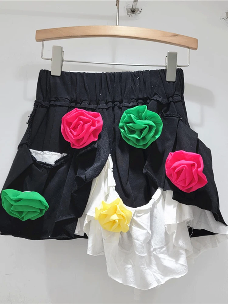 

Beautiful Fashion Women's Flowers Fur Edge Contrast Color Patchwork Elastic Waist Short Skirt 2024 Spring Summer X850