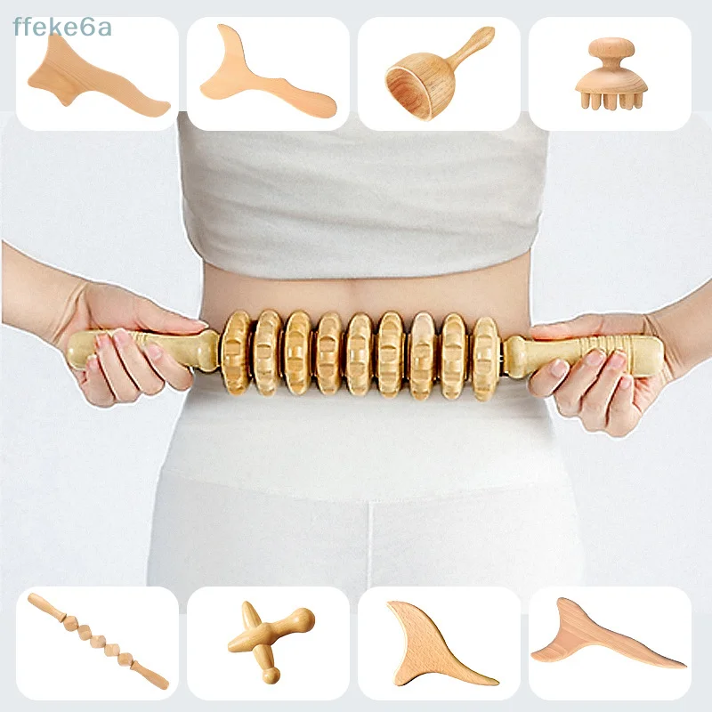 5/9/12 Wheels Wooden Roller Wood Massage Gear Drainage Body Shaping Trigger Stick To Reduce Fat Back Abdomen Leg Slimming Massag