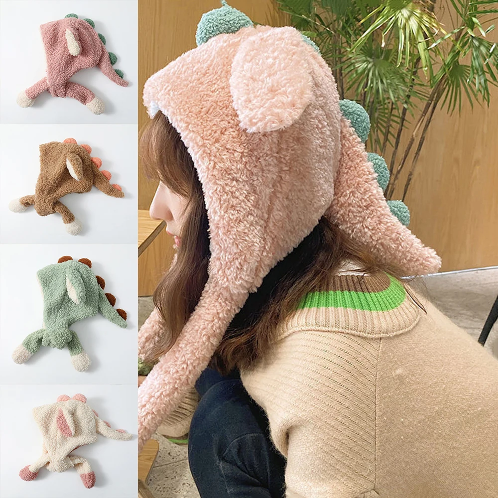 Winter One-piece Scarf Hat Soft Plush Cute Dinosaur Warm Cap Cartoon Pullover Hat Ear Protection Thick Hat  Protective Ear Cover