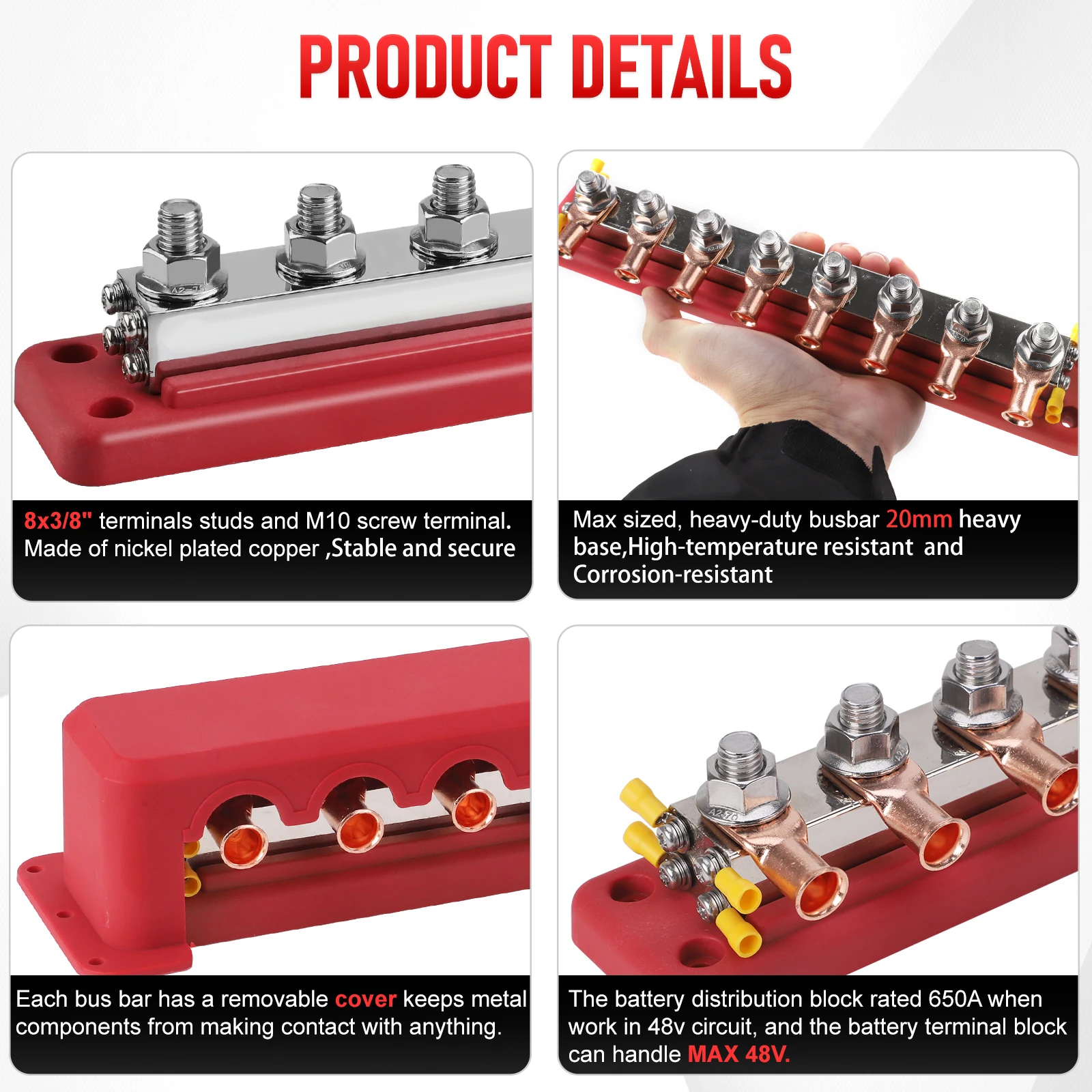 600AHeavy-Duty Bus Bar النيكل مطلي النحاس توزيع كتل طرفية 8 Post توزيع الطاقة كتلة M10 مع غطاء الثقيلة #3