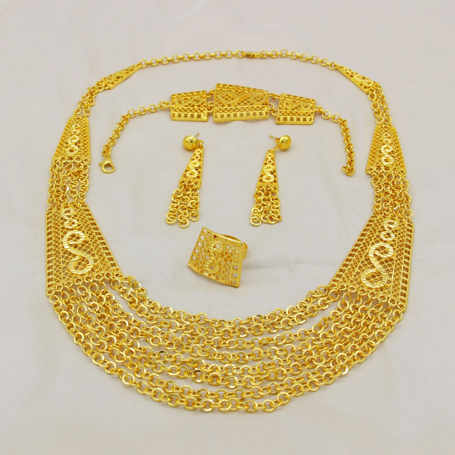 Adixyn Indian Dubai Gold Color Jewelry Set For Women 60cm Necklace Bracelet Earring Ring Set Bridal Wedding Gifts N09076