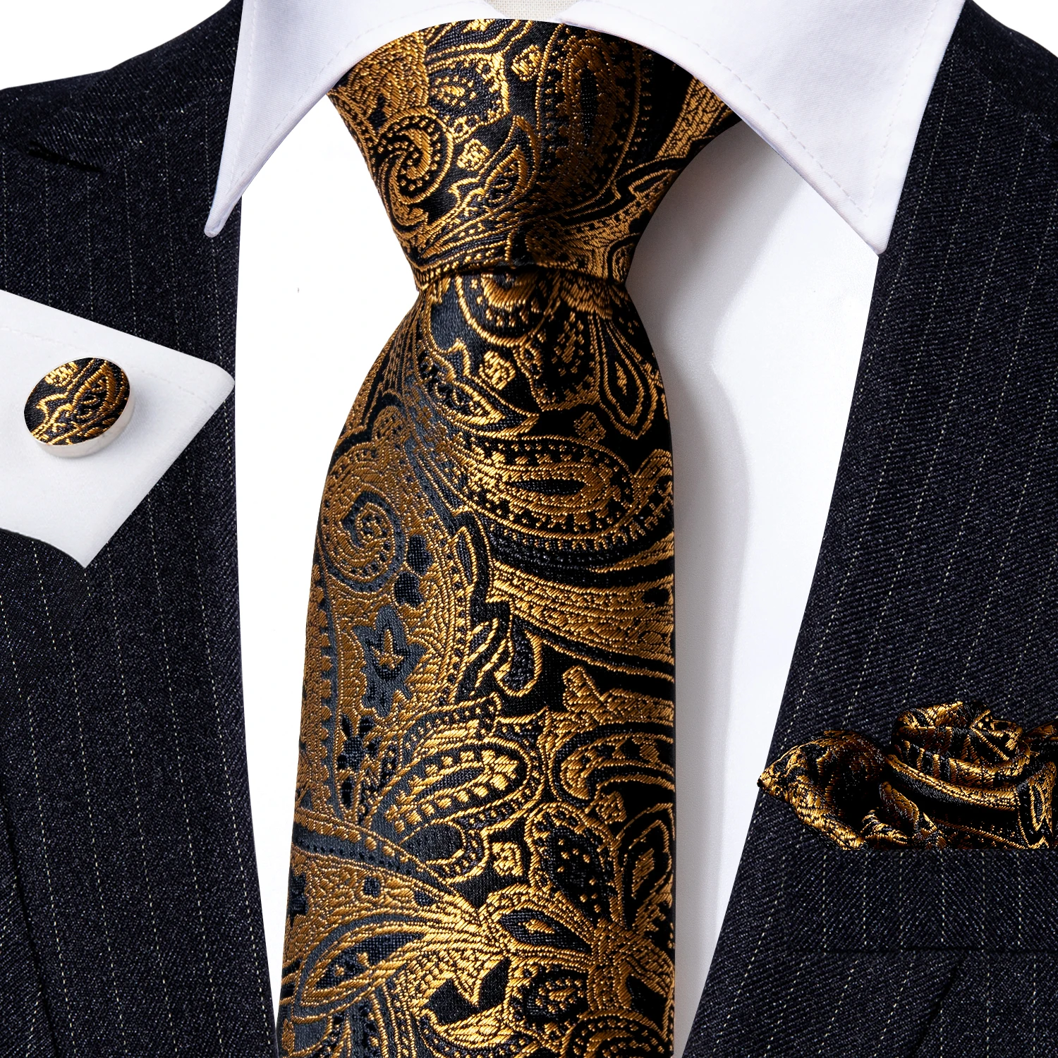 Corbata de diseñador para hombre, corbata de Jacquard, conjunto de gemelos cuadrados de bolsillo, Floral negro dorado para hombre, regalo de fiesta de negocios de boda