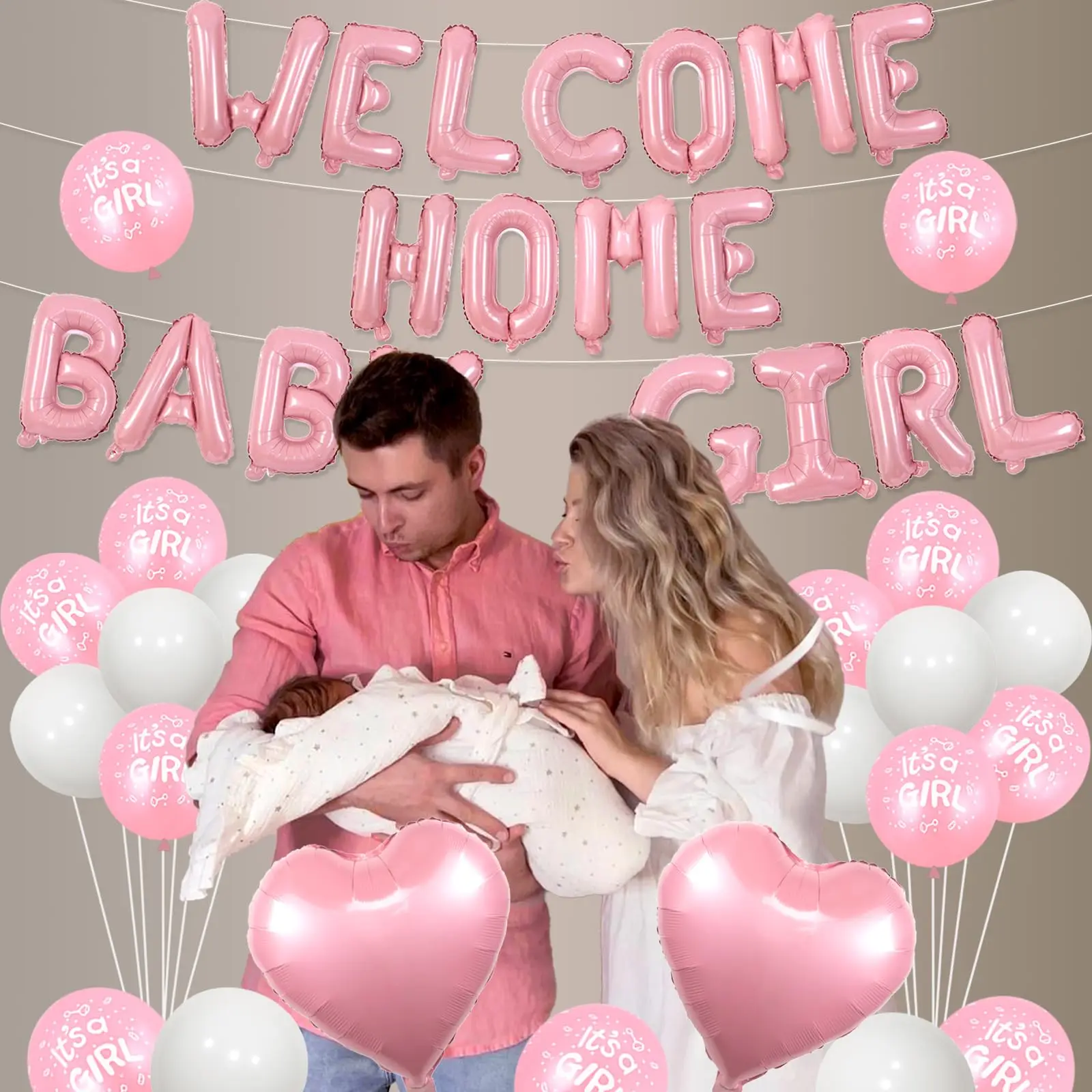 مجموعة واحدة من لافتة ترحيب منزلية لتزيين الأطفال باللون الوردي، إنه بالونات على شكل قلب لعيد ميلاد حديثي الولادة #4