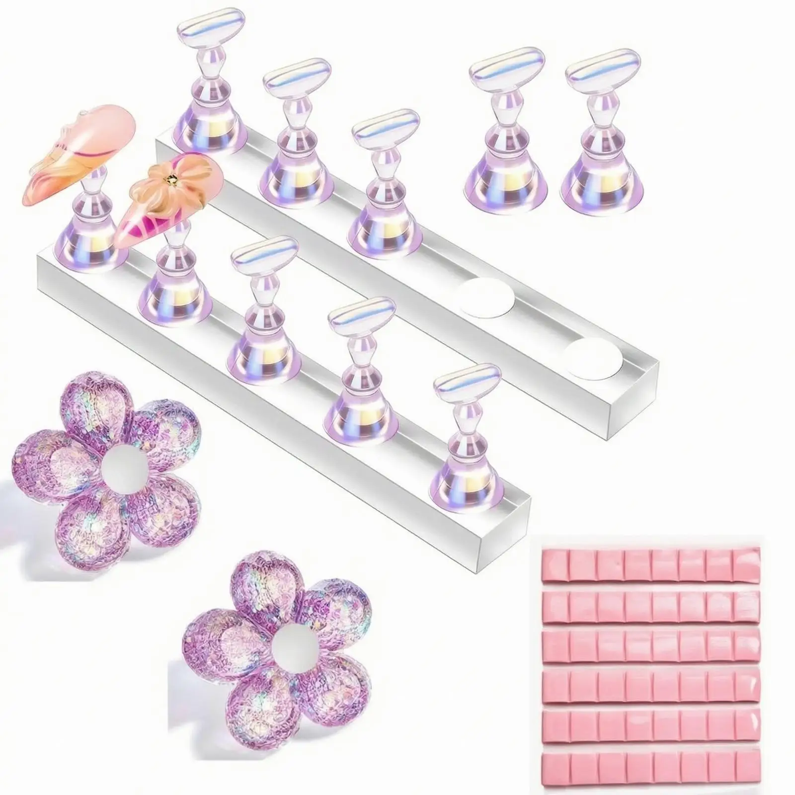 Nail Art Practice Tip Stand with Pink Clay for Gel Nail Extension Design and Acrylic Decoration Tools