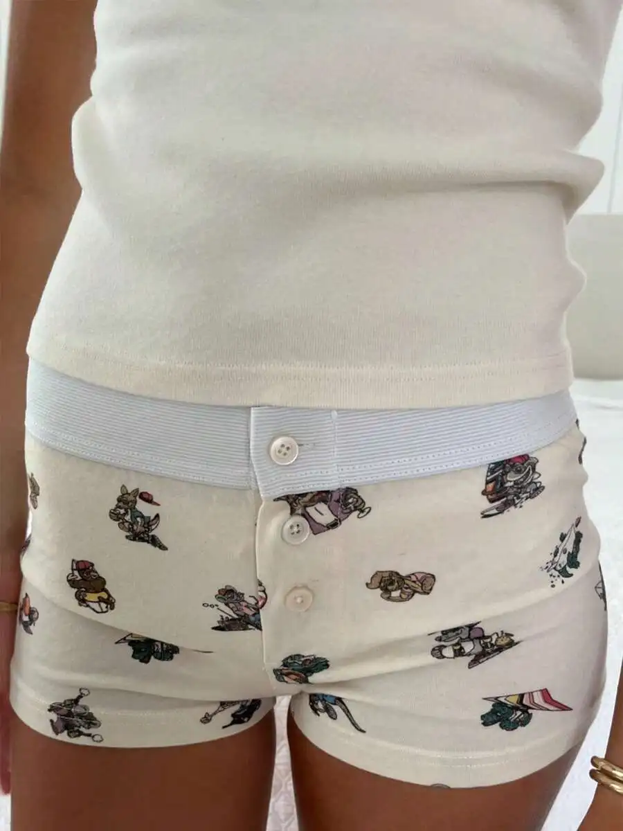 

Women Y2K Print Button Front Elastic Waist Sleep Shorts Lounge Wear Summer Pajama Bottoms