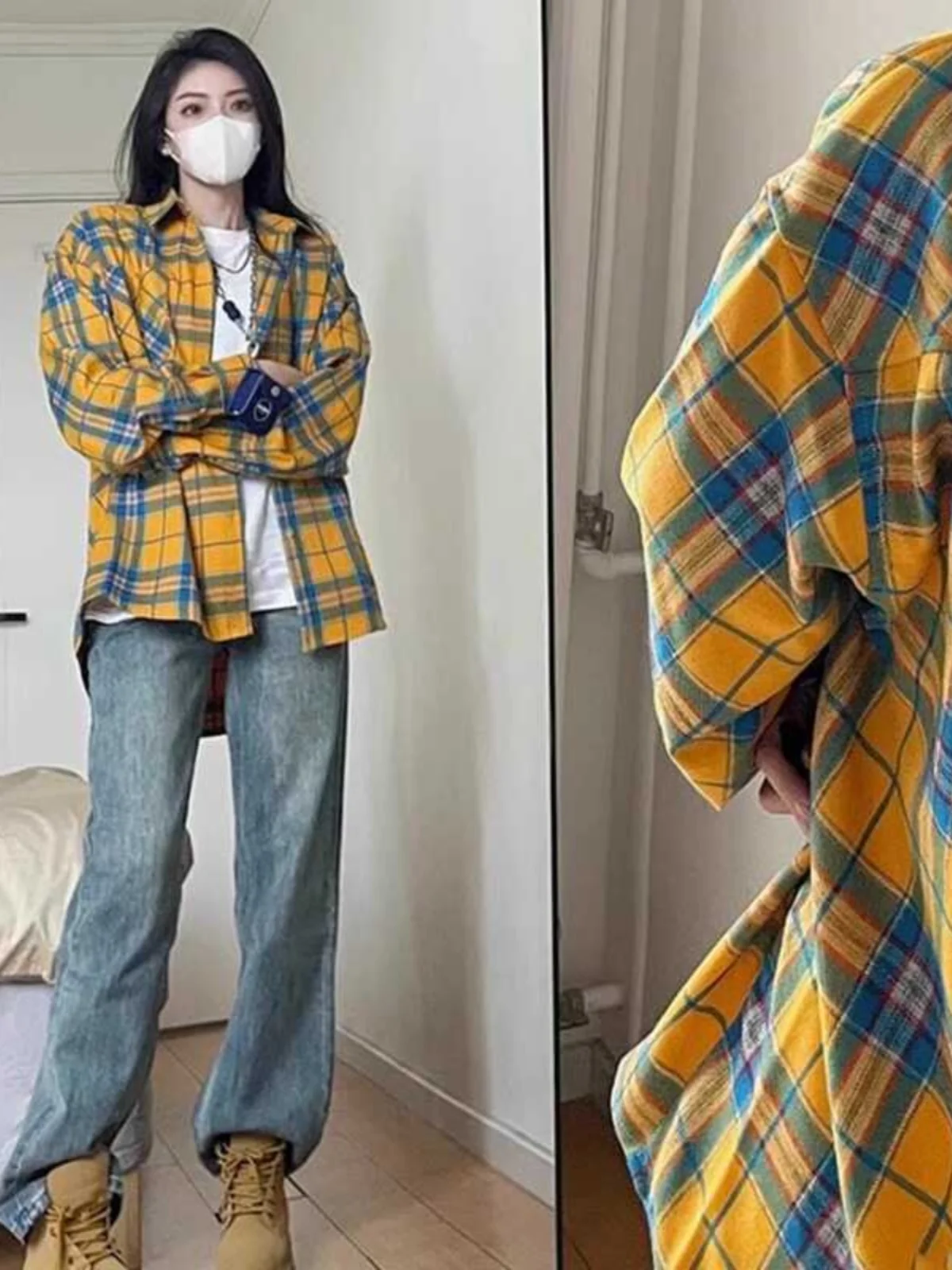 

Retro Color Block Plaid Long Sleeve Shirt Unisex Loose BF Style Versatile Outerwear American Design Commute Warmth Button Detail