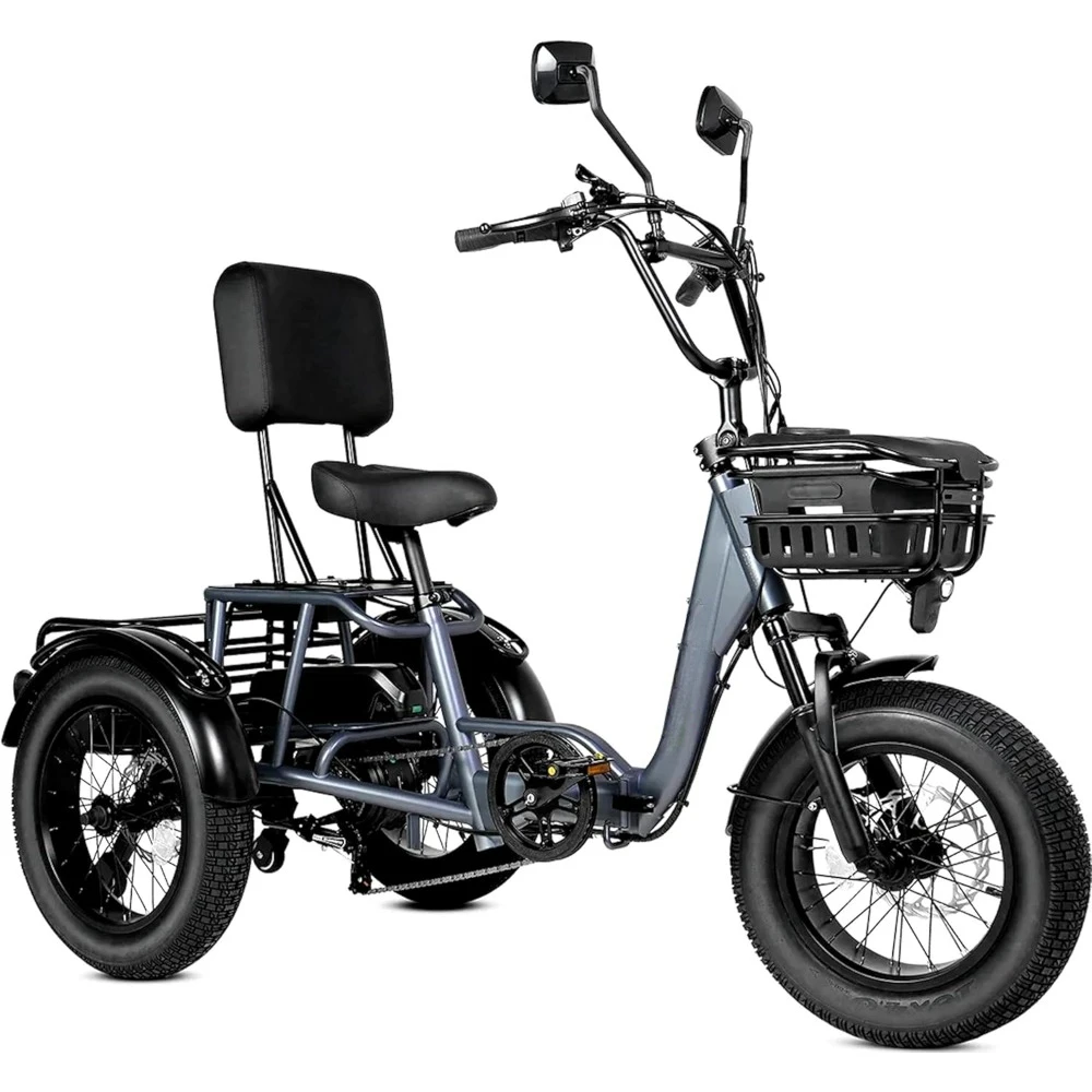 Folding Electric Tricycle, 1000W Electric Trike, Reverse Gear, Rear Differential, 4'' Wide Fat Tire, 3 Wheel Electric Bike