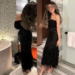 Customized Boat Neck Sheath Backless Long Sleeve Sparkly Stylish Evening Party Gown Feathers Lace فساتين مناسبة رسمية