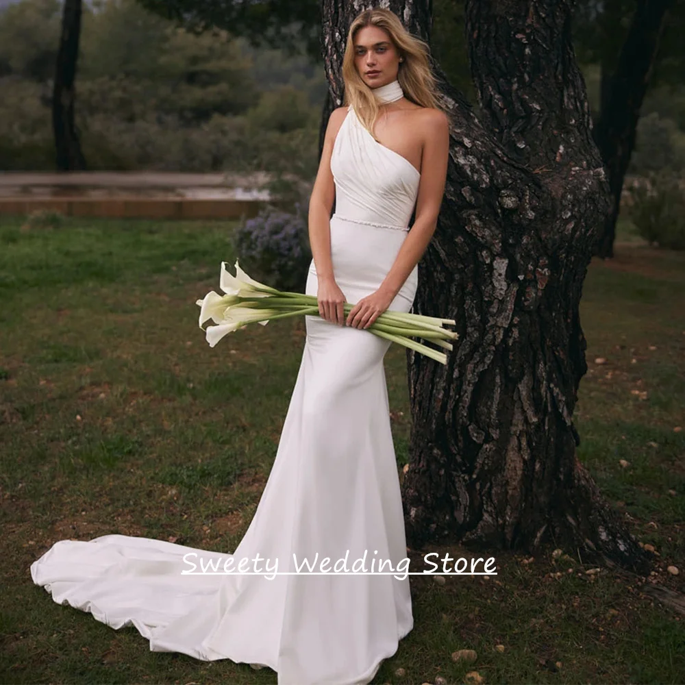 

Sexy Simple Wedding Dress Customized Halter Sleeveless Beading Pearls Belt Sweep Train Backless Mermaid Bridal Gown for Lady