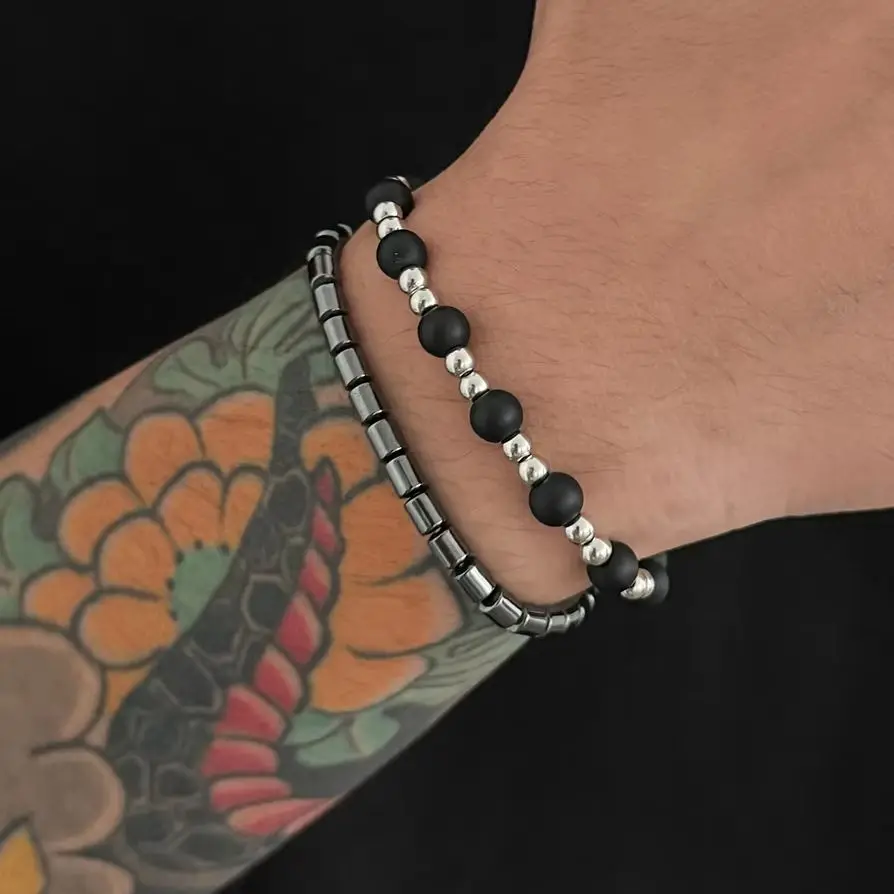 IngeSight.Z 2Pcs/set Trendy Creative Black Beads Bracelet Men Vintage Resilient Silver Color Hand Bangles Party Jewelry Gift New