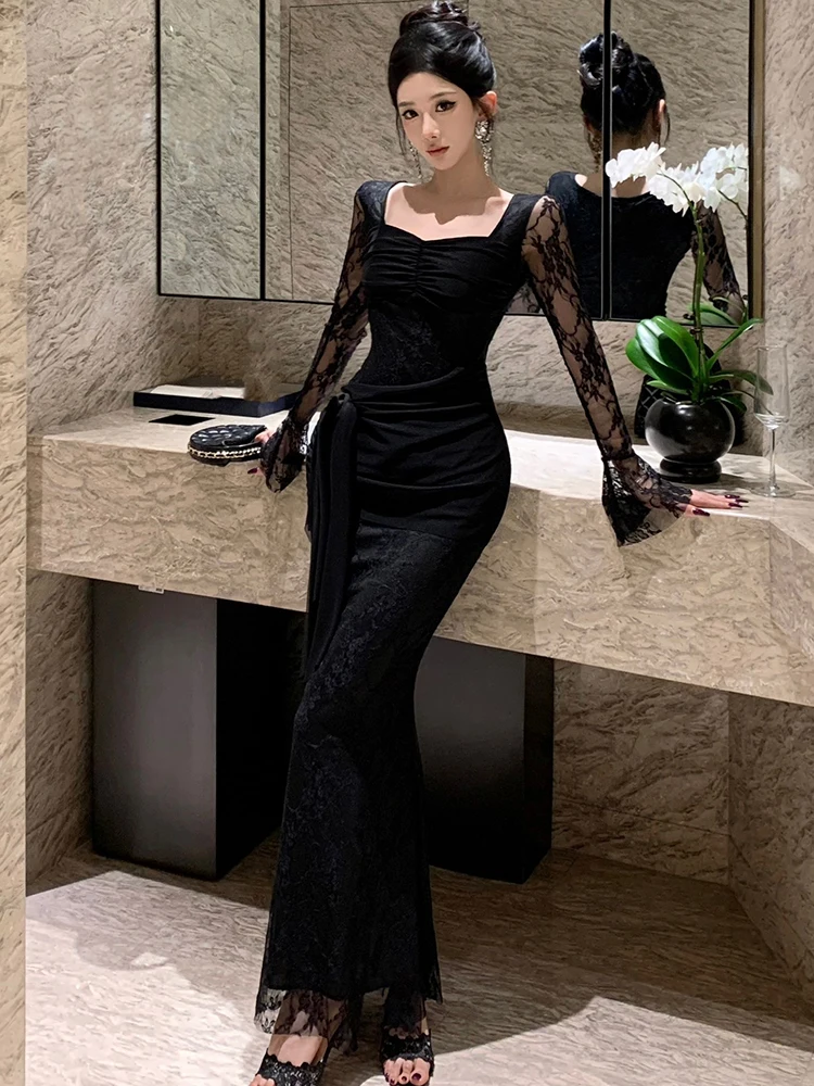 Herfst Winter Zwart Mesh Patchwork Kant Lange Mouw Jurk Vrouwen Chic Vierkante Kraag Sexy Verstoorde Lange Jurk 2024 Koreaanse Vestidos