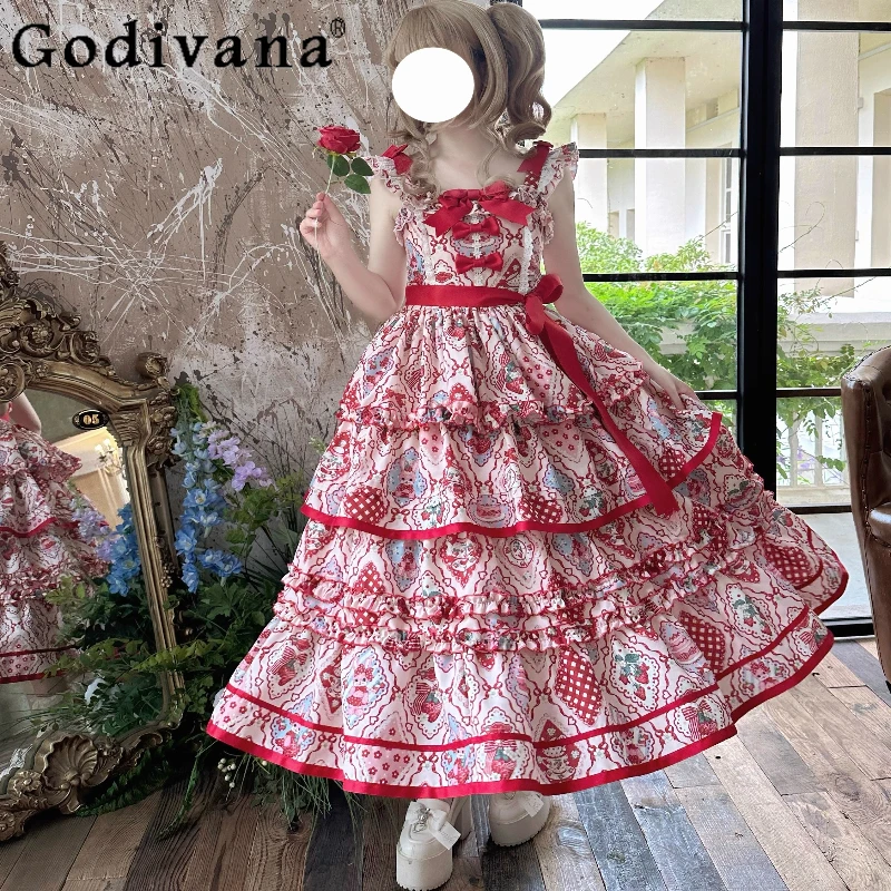 

Sweet Strawberry Print Cla Princess Tea Party Long Dresses JSK Summer Girl's Cute Bow High Waist Slimming Short Sleeve Dress Op