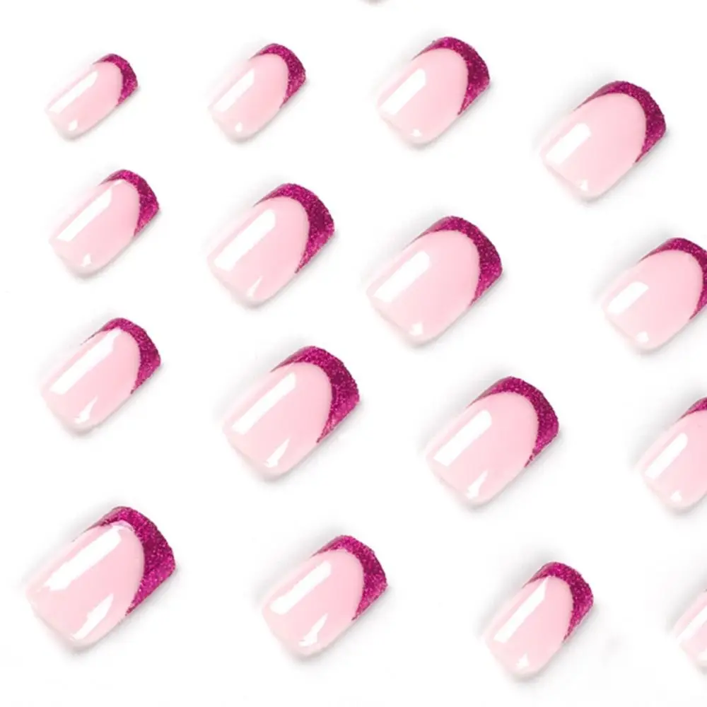 24 Uds puntas de uñas postizas Nials DIY uñas postizas cuadrado corto francés azul diamante comprobar