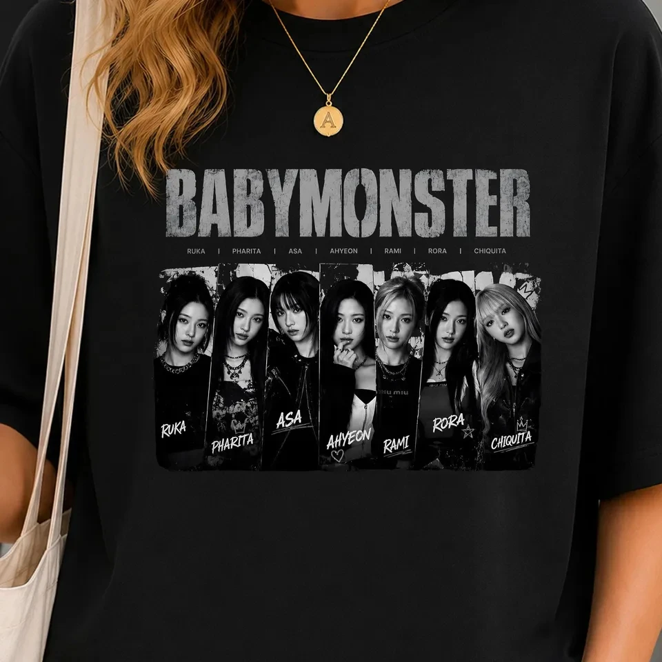 BABYMONSTER Gruppenfoto-Grafik-T-Shirt, Kpop-Fans, kurzärmeliges T-Shirt mit Aufdruck der Mitglieder, Damen-, Herren- und Kinder-T-Shirt – Detail 3