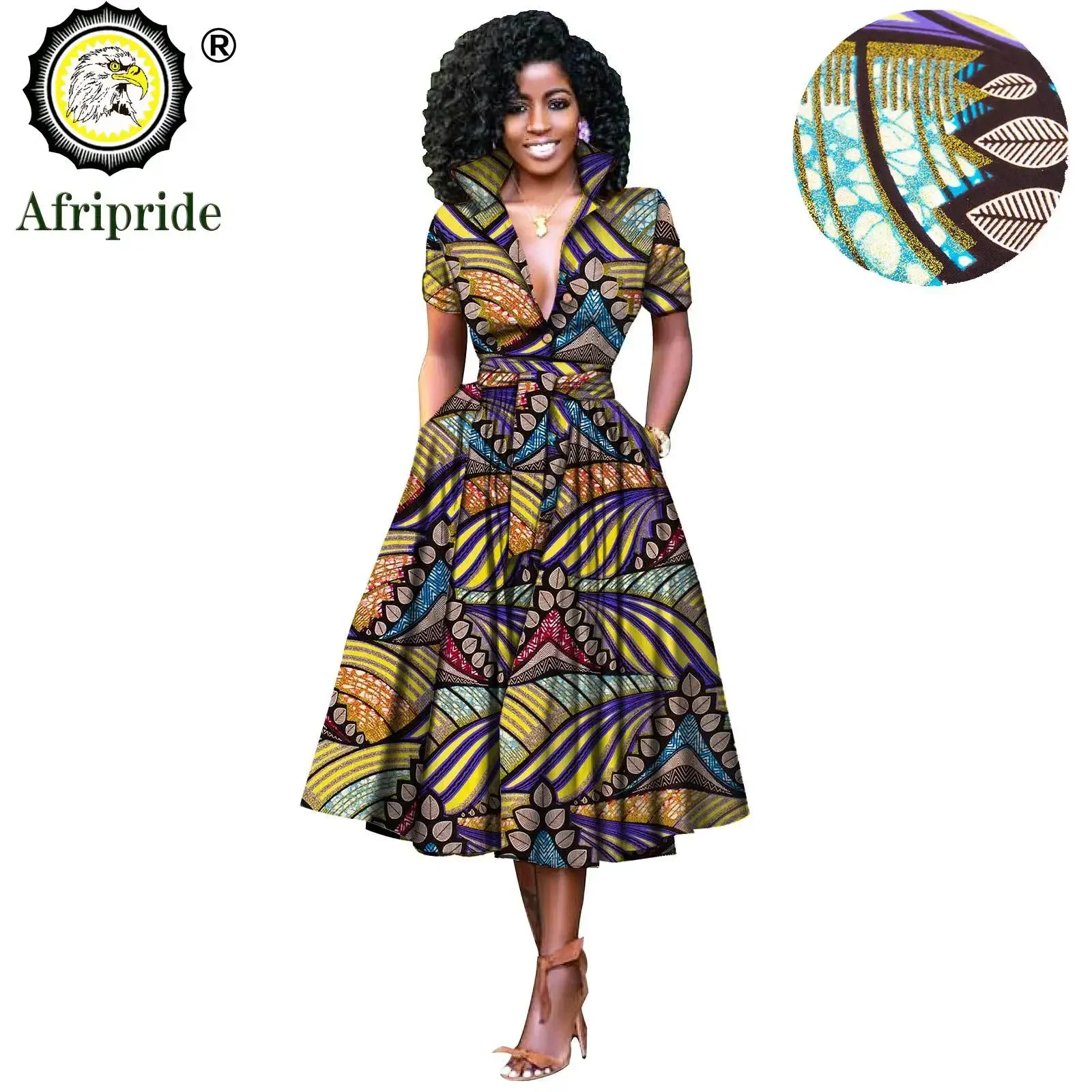 African Dresses for Women Short Sleeve V-neck High Waist Ankara Fabric Print Formal Dress Pure Cotton Bazin Riche Dress S2025072