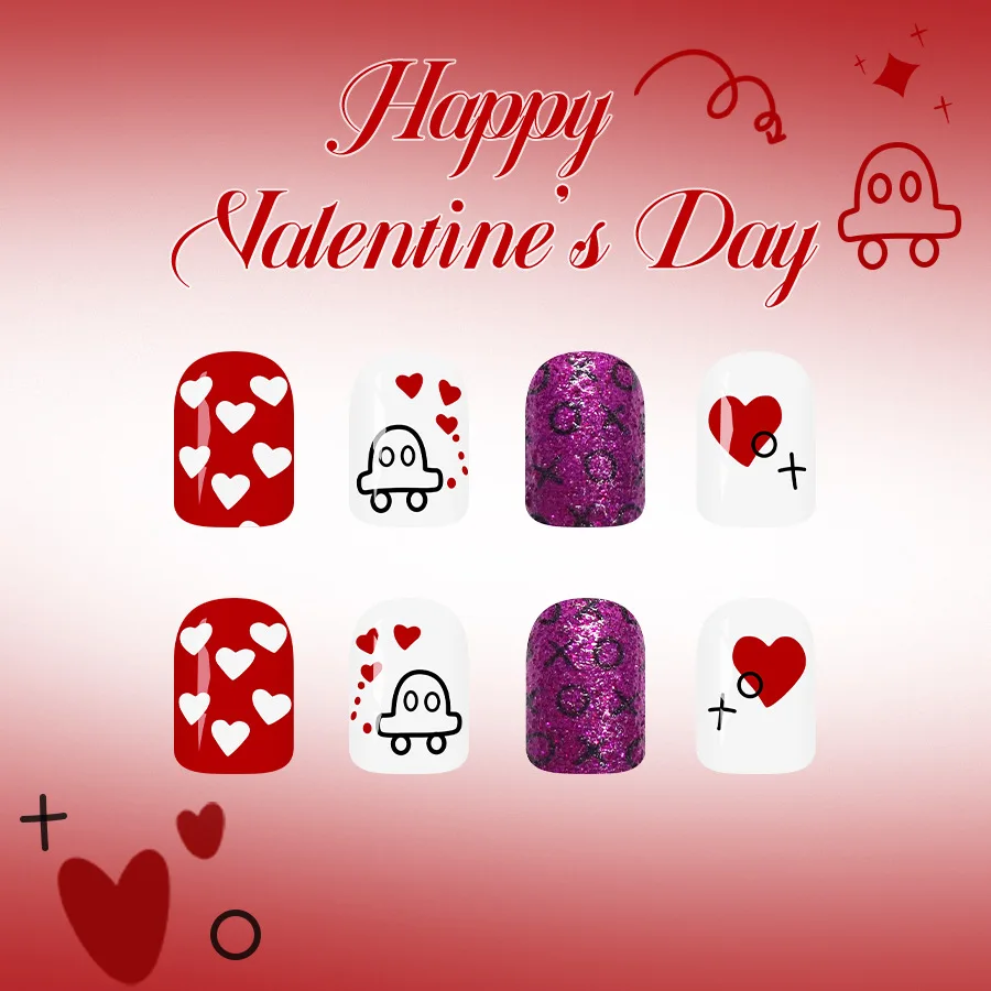 قصيرة مربعة لامعة اضغط على الأظافر 24 قطعة الحلو عيد الحب الأرجواني بريق الأبيض القلب تصميم المرأة الأظافر وهمية #4