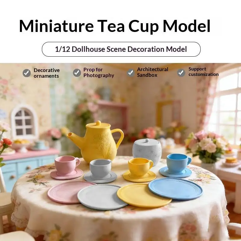 (Ce14)1 12 Scale Miniature Tea Set Pastel Colors Custom Design Perfect For Dollhouse Decor Photo Shooting Props