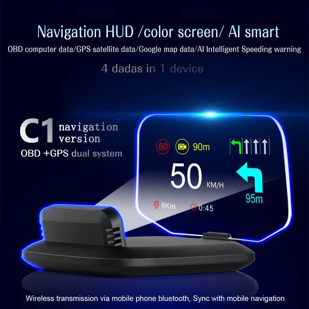 

Navigation Projection C1 HUD OBD2 GPS Bluetooth-compatible On-board Computer Read Speed Engine Oil Temperature Fuel Consumption