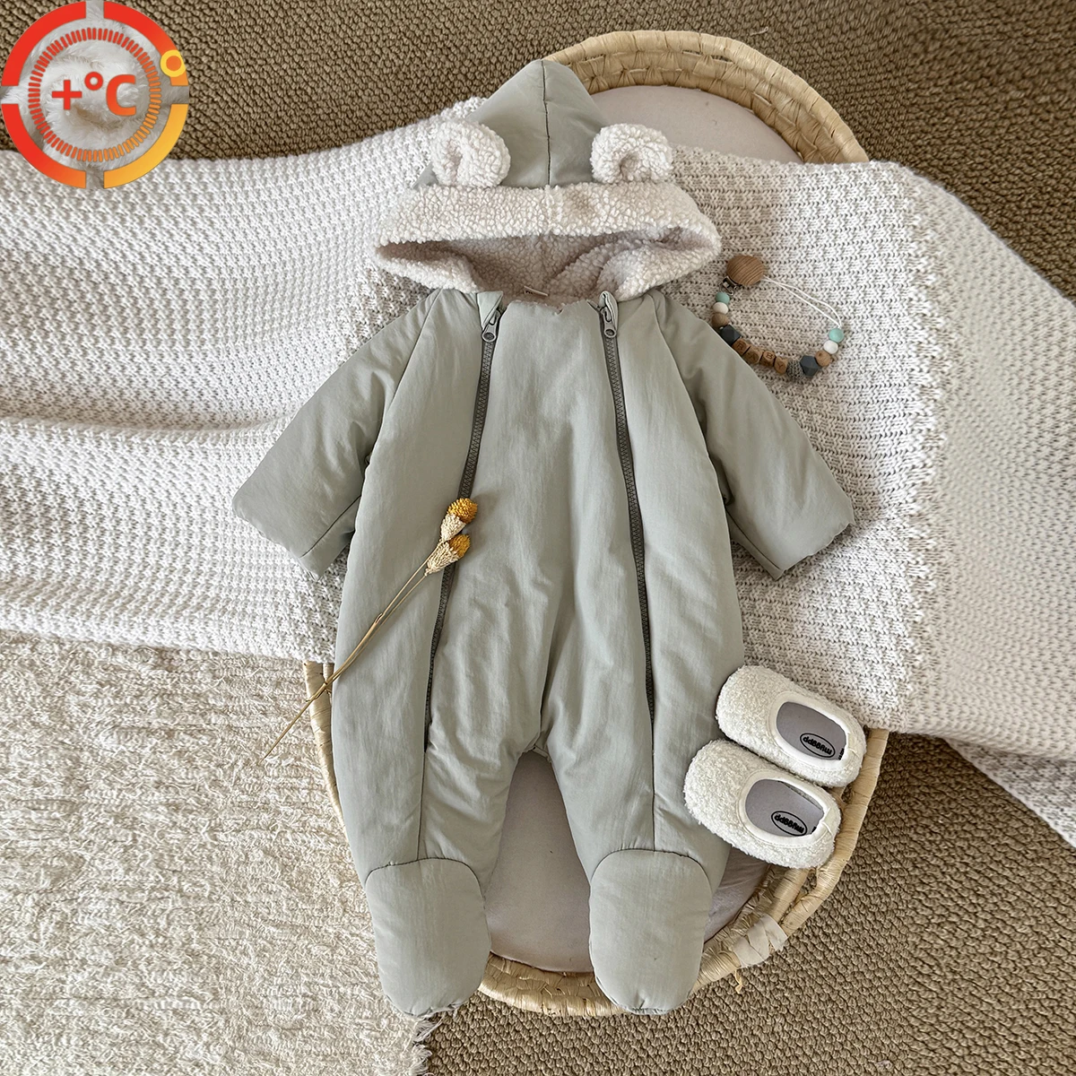 

Baby Boys Girls Rompers Hooded Clothes Fashion Double Zipper Fleece Lined Footed Newborn Netural Jumpsuits Windproof Baby Snowsu