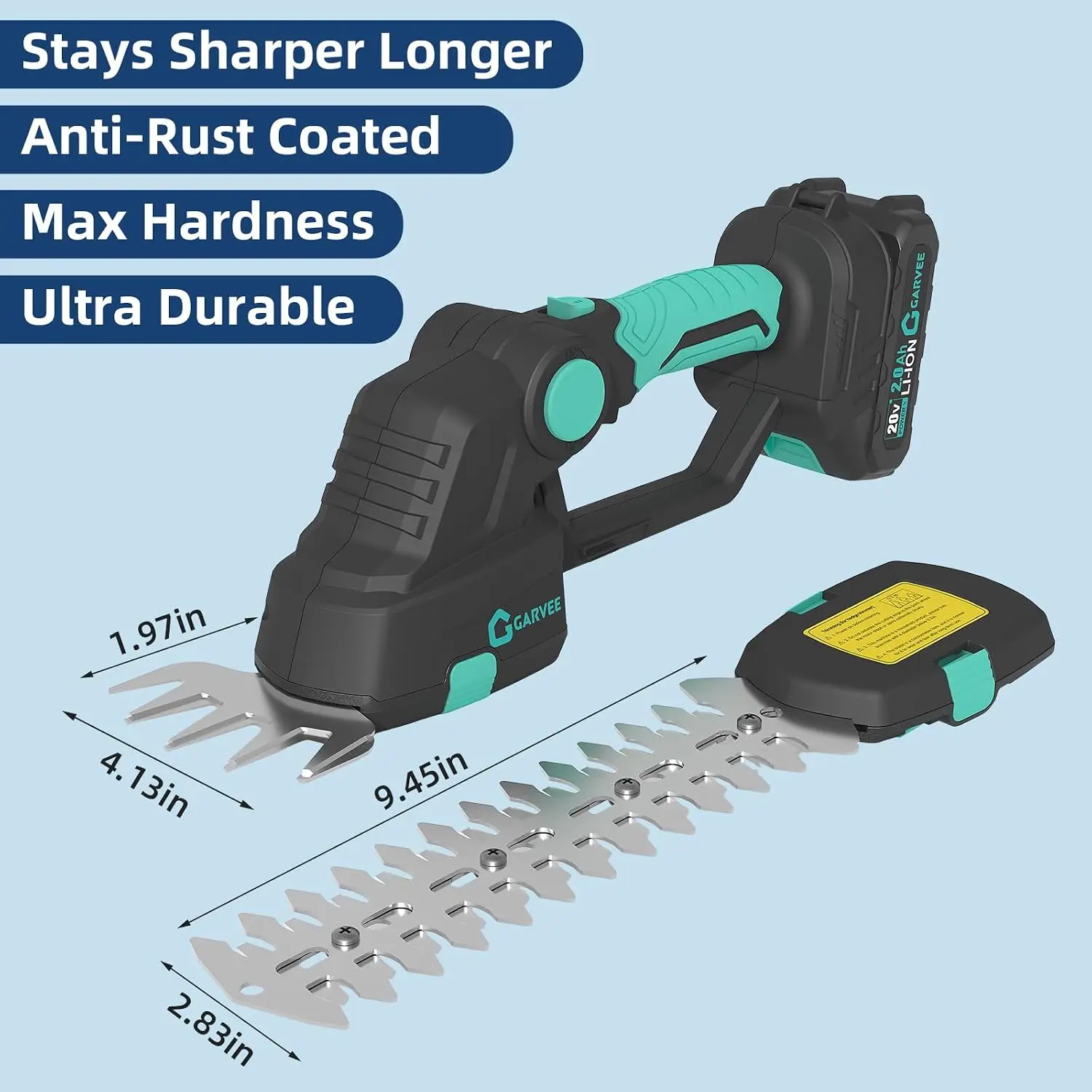 Garvee 20V 2 IN 1 Cordless Hedge Trimmer with 2 Batteries Brushless Motor 2 X 2.0Ah Batteries & Charger, Adjustable Head 15°-45°, Dual Safety Lock for Garden