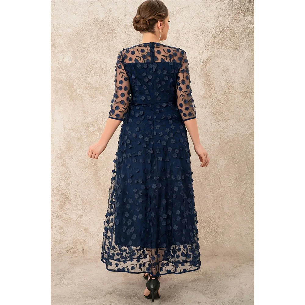 Plus Size Mother Of The Bride Navy Blue Mesh Stereo Flowers Tunic Maxi Dress Round Neck Long Dress