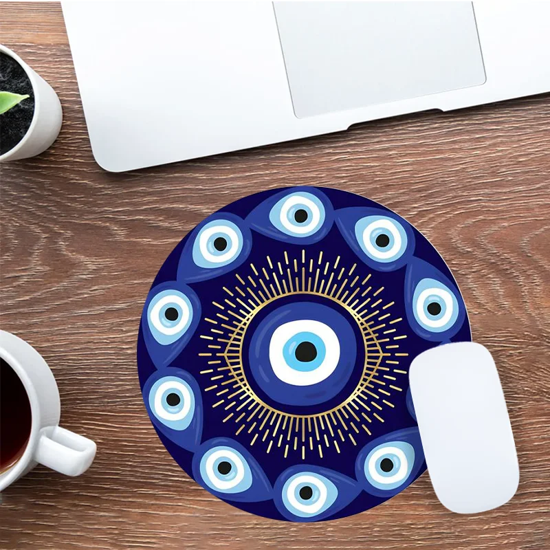 Blue evil eyes, round mouse pad, rubber anti-slip, washable, computer mechanical keyboard pad, high-definition printing