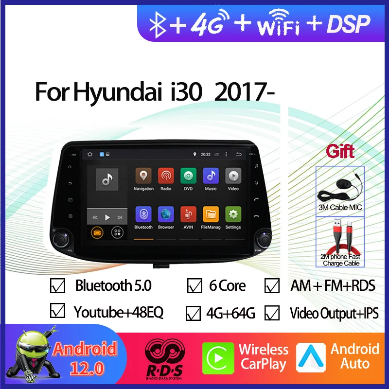 Android 12 Car GPS Navigation Multimedia DVD Player For Hyundai I30 2017- Auto Radio Stereo With RDS BT Wifi Aux