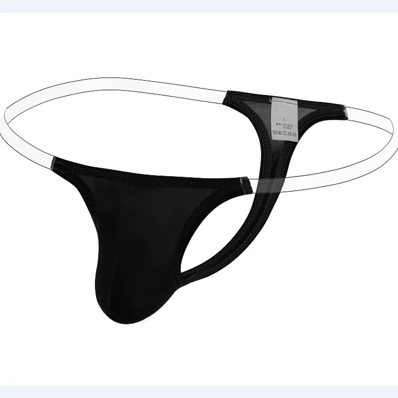 Mens Bikini Underwear Thin Ice Silk Low Waist Underpants Transparent Belt Small Pouch Tanga Slip Thong Lingerie String T-Back