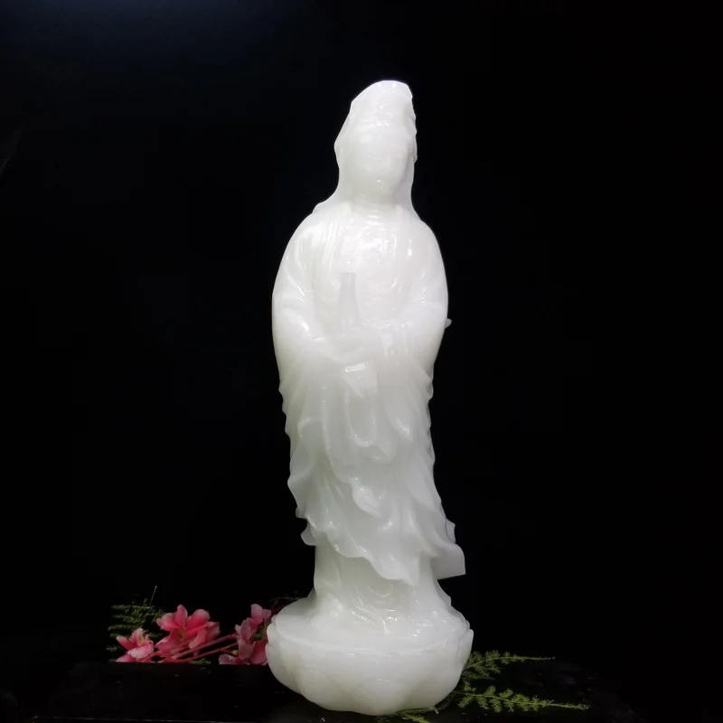 35cm large # HOME family TOP efficacious Protection Buddhism white jade Guanyin Avalokitesvara buddha Jade carving sculpture