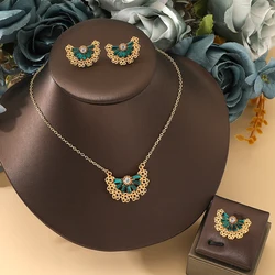 Golden Stainless steel necklace + earrings + ring Set for Women's Jewelry sector geometric Emerald Pendant Fashion Gift