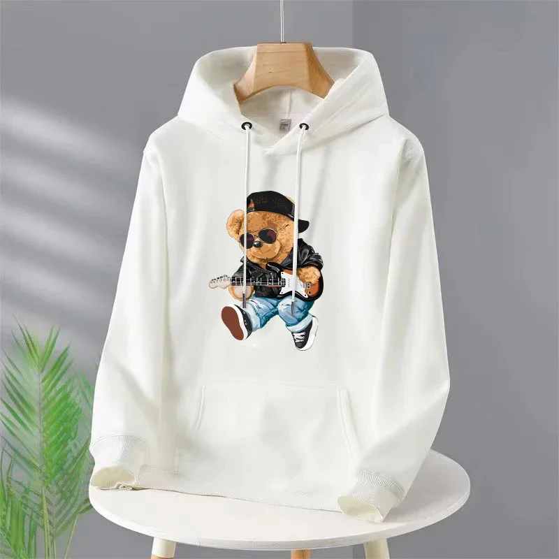 Men's Casual Hoodies Harajuku Y2k Designer Pullover Hoodie Guitar Bear Print Mens Vintage Trendy Pullover Sweatshirt for Male