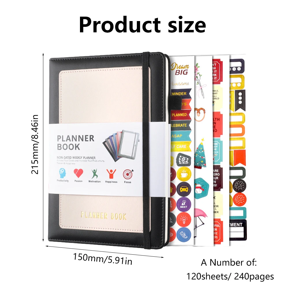 PU Capa de Couro Notebook para Homens e Mulheres, A5 Planejador, Bolso Interno, Bloco de Notas do Escritório, Semanal, Mensal, Diário, Memorando, Student Writing