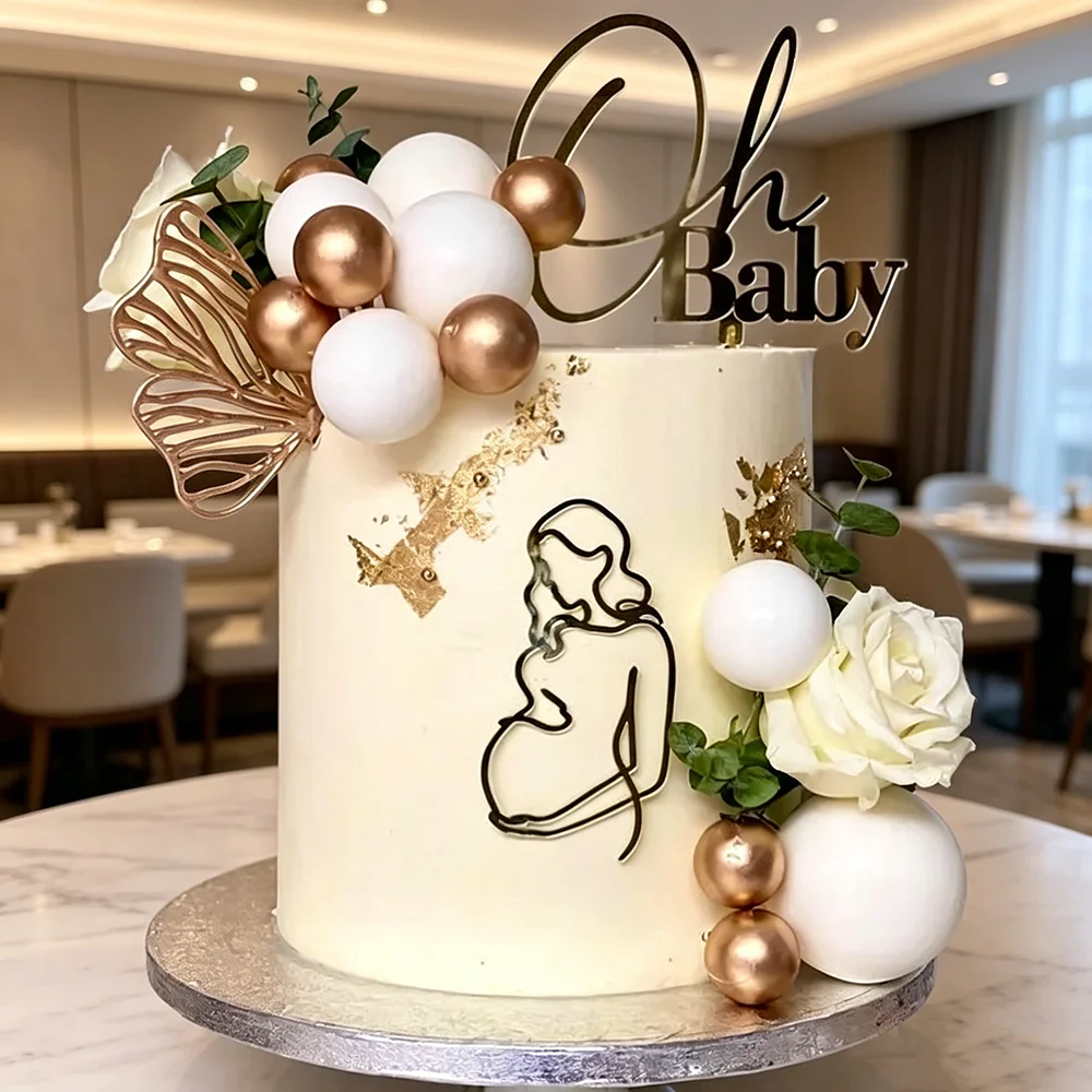 Gold Acrylic Cake Topper Featuring Delicate Line Pregnant Lady Pattern Decor Cakes Mother To Party Mother’s Day Women Birthday